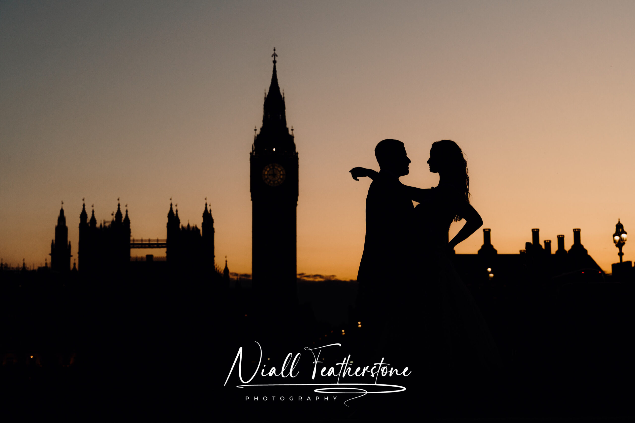 London Wedding Couple Portraits Bride and Groom Infront of Big Ben Sunset